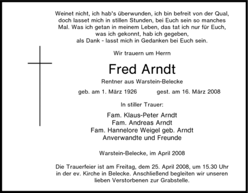  Traueranzeige für Fred Arndt vom 24.04.2008 aus Tageszeitung