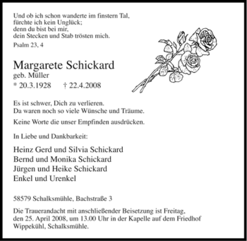 Traueranzeige von Margarete Schickard von Tageszeitung