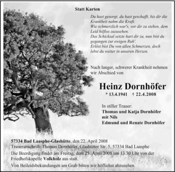 Traueranzeige von Heinz Dornhöfer von Tageszeitung