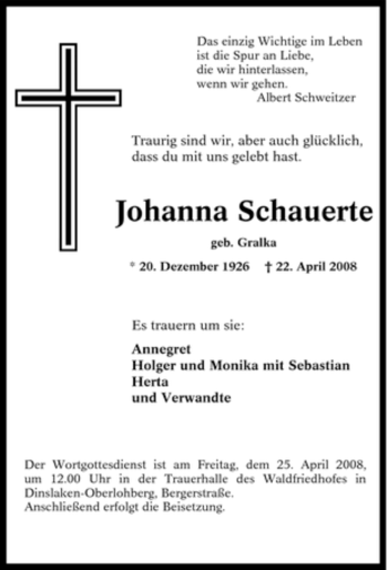 Traueranzeige von Johanna Schauerte von Tageszeitung