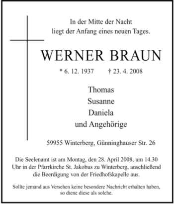 Traueranzeige von Werner Braun von Tageszeitung