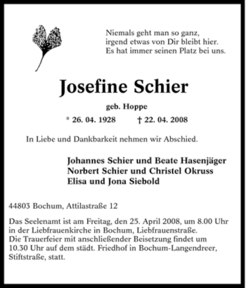Traueranzeige von Josefine Schier von Tageszeitung