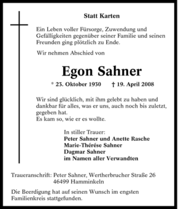Traueranzeige von Egon Sahner von Tageszeitung