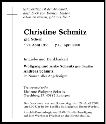 Traueranzeige von Christine Schmitz von Tageszeitung