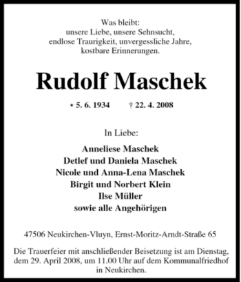 Traueranzeige von Rudolf Maschek von Tageszeitung