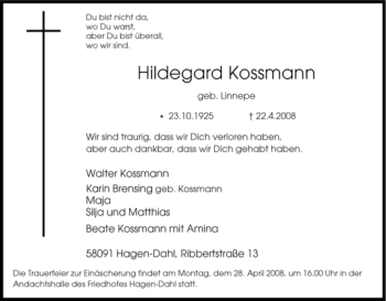 Traueranzeige von Hildegard Kossmann von Tageszeitung