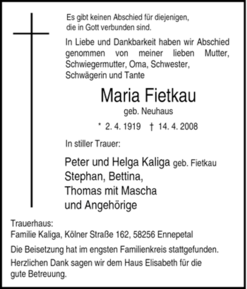 Traueranzeige von Maria Fietkau von Tageszeitung