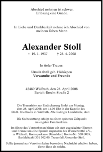 Traueranzeige von Alexander Stoll von Tageszeitung