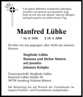 Traueranzeige von Manfred Lübke von Tageszeitung