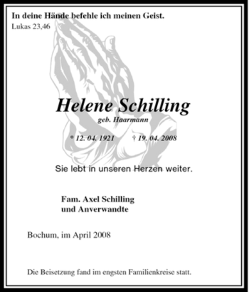 Traueranzeige von Helene Schilling von Tageszeitung