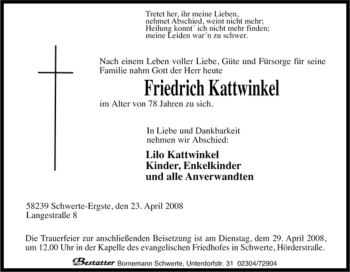 Traueranzeige von Friedrich Kattwinkel von Tageszeitung