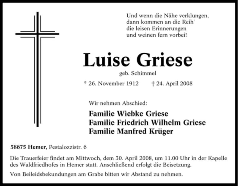  Traueranzeige für Luise Griese geb. Schimmel vom 26.04.2008 aus Tageszeitung
