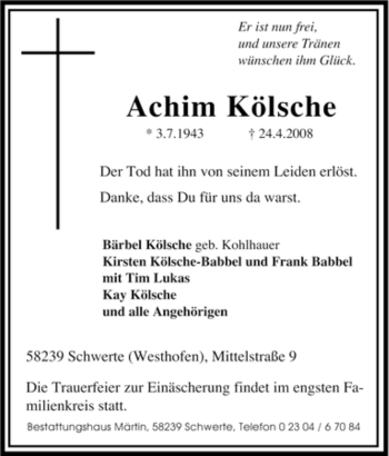Traueranzeige von Achim Kölsche von Tageszeitung