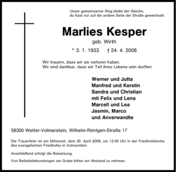 Traueranzeige von Marlies Kesper von Tageszeitung