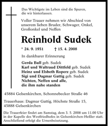 Traueranzeige von Reinhold Sudek von Tageszeitung