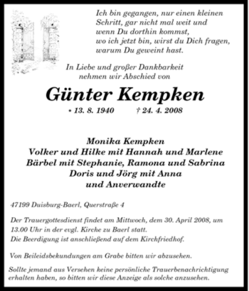 Traueranzeige von Günter Kempken von Tageszeitung