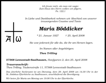 Traueranzeige von Maria Böddicker von Tageszeitung