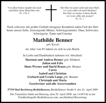 Traueranzeige von Mathilde Benner von Tageszeitung