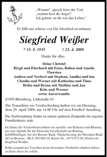 Traueranzeige von Siegfried Weißer von Tageszeitung