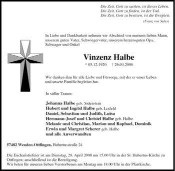 Traueranzeige von Vinzenz Halbe von Tageszeitung