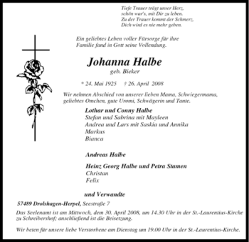 Traueranzeige von Johanna Halbe von Tageszeitung
