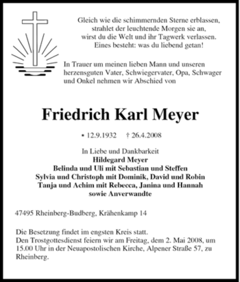 Traueranzeige von Friedrich Karl Meyer von Tageszeitung