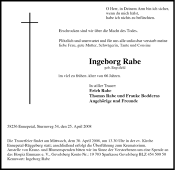 Traueranzeige von Ingeborg Rabe von Tageszeitung