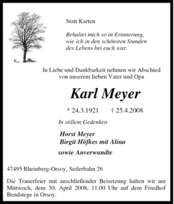 Traueranzeige von Karl Meyer von Tageszeitung
