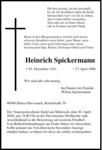 Traueranzeige von Heinrich Spickermann von Tageszeitung