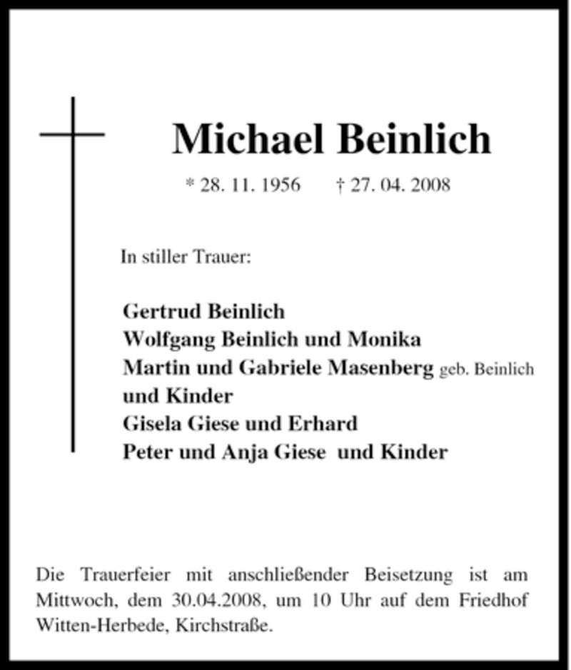  Traueranzeige für Michael Beinlich vom 28.04.2008 aus Tageszeitung