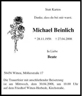 Traueranzeige von Michael Beinlich von Tageszeitung