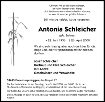Traueranzeige von Antonia Schleicher von Tageszeitung