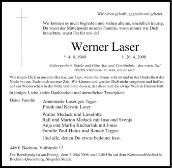 Traueranzeige von Werner Laser von Tageszeitung