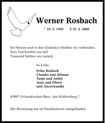 Traueranzeige von Werner Rosbach von Tageszeitung