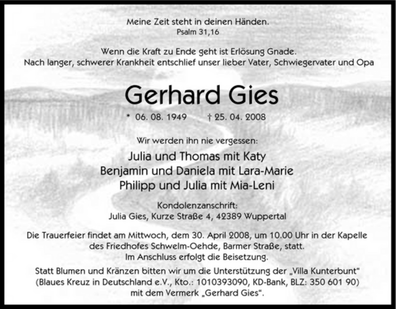  Traueranzeige für Gerhard Gies vom 29.04.2008 aus Tageszeitung