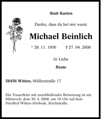 Traueranzeige von Michael Beinlich von Tageszeitung