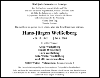 Traueranzeige von Hans-Jürgen Weißelberg von Tageszeitung