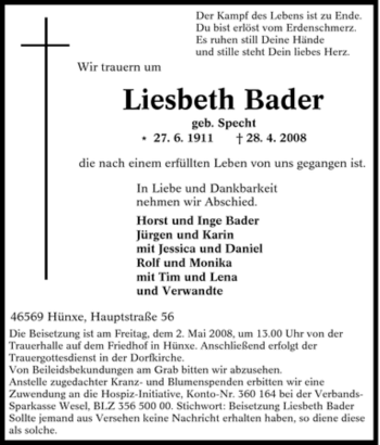Traueranzeige von Liesbeth Bader von Tageszeitung