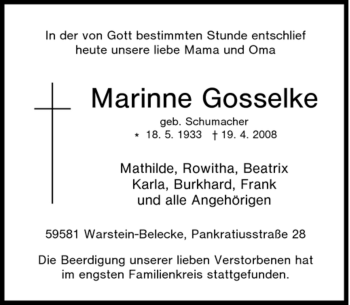 Traueranzeige von Marinne Gosselke von Tageszeitung