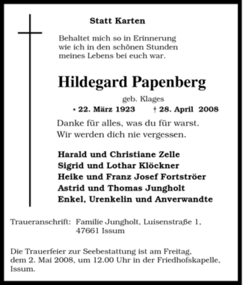 Traueranzeige von Hildegard Papenberg von Tageszeitung