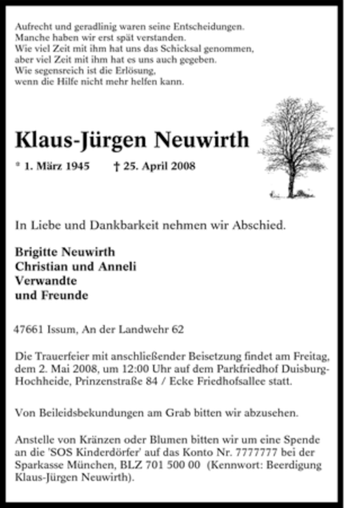  Traueranzeige für Klaus-Jürgen Neuwirth vom 29.04.2008 aus Tageszeitung