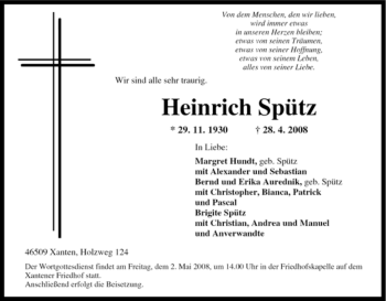 Traueranzeige von Heinrich Spütz von Tageszeitung