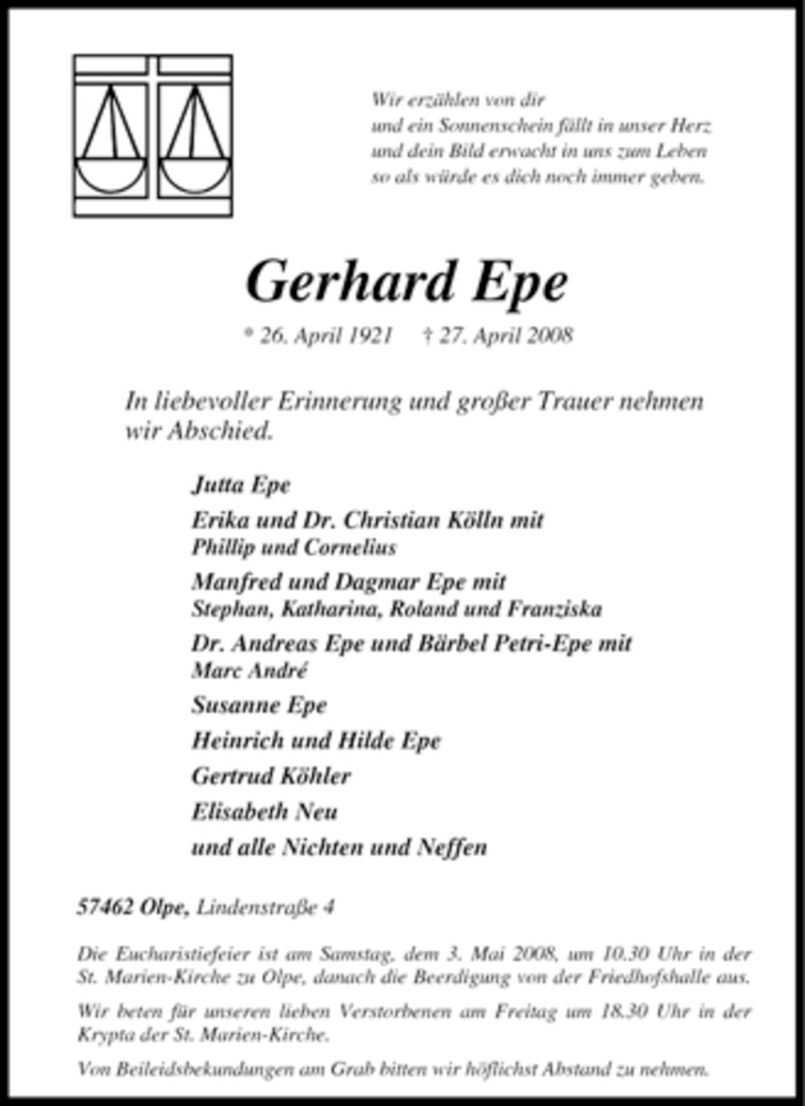  Traueranzeige für Gerhard Epe vom 29.04.2008 aus Tageszeitung