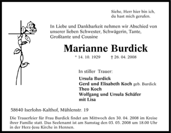 Traueranzeige von Marianne Burdick von Tageszeitung