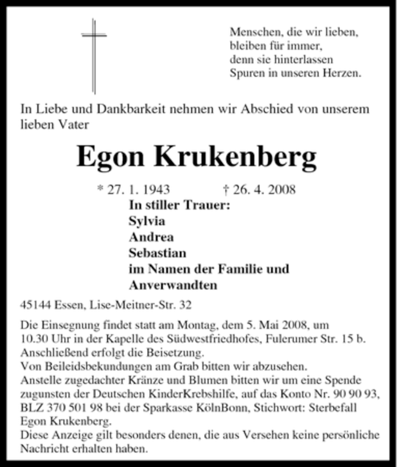  Traueranzeige für Egon Krukenberg vom 30.04.2008 aus Tageszeitung