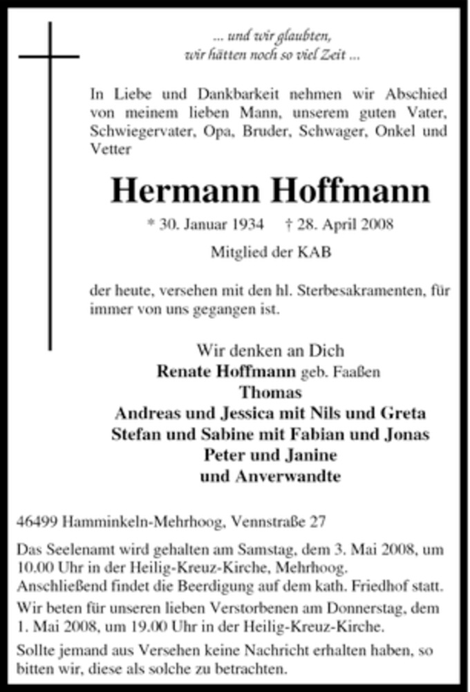  Traueranzeige für Hermann Hoffmann vom 30.04.2008 aus Tageszeitung