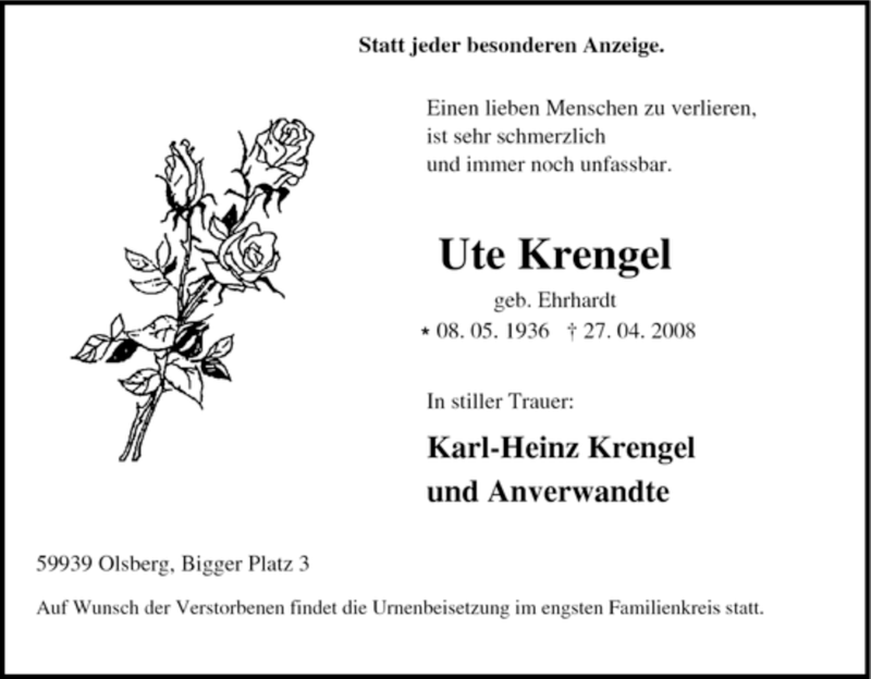  Traueranzeige für Ute Krengel vom 30.04.2008 aus Tageszeitung