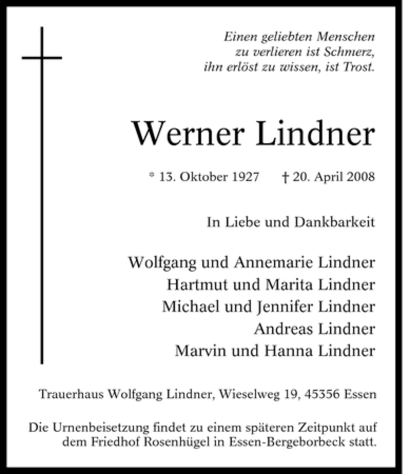  Traueranzeige für Werner Lindner vom 30.04.2008 aus Tageszeitung