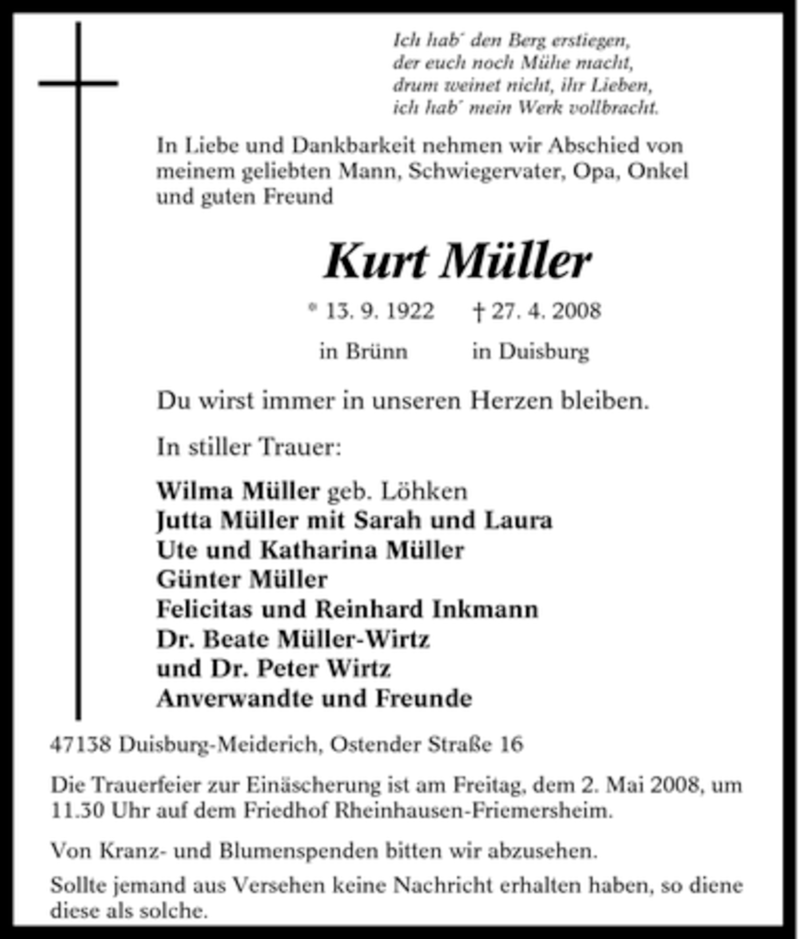  Traueranzeige für Kurt Müller vom 30.04.2008 aus Tageszeitung