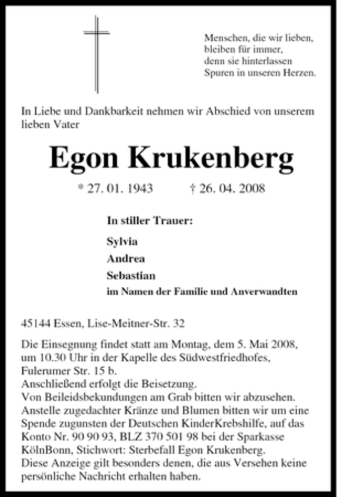  Traueranzeige für Egon Krukenberg vom 30.04.2008 aus Tageszeitung